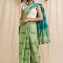 Cotton Linen Handloom Ikat Saree - Green