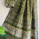 Ajrakh Linen Saree - Green