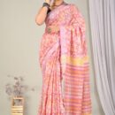 Ajrakh Linen Saree - Pink