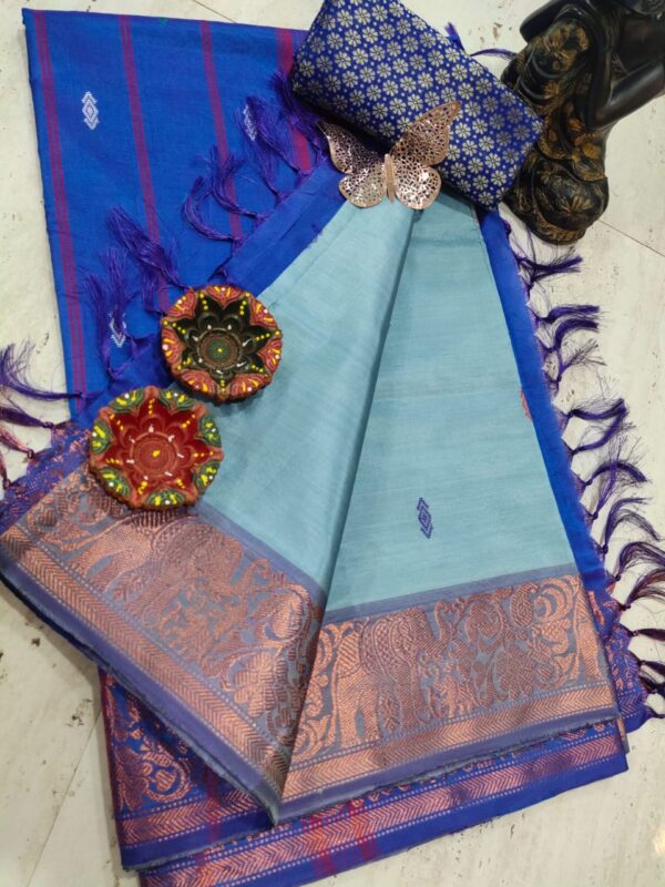 Pure Silk Banana Pith Saree - Blue