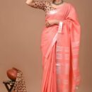 Handloom Cotton Linen Saree - Peach