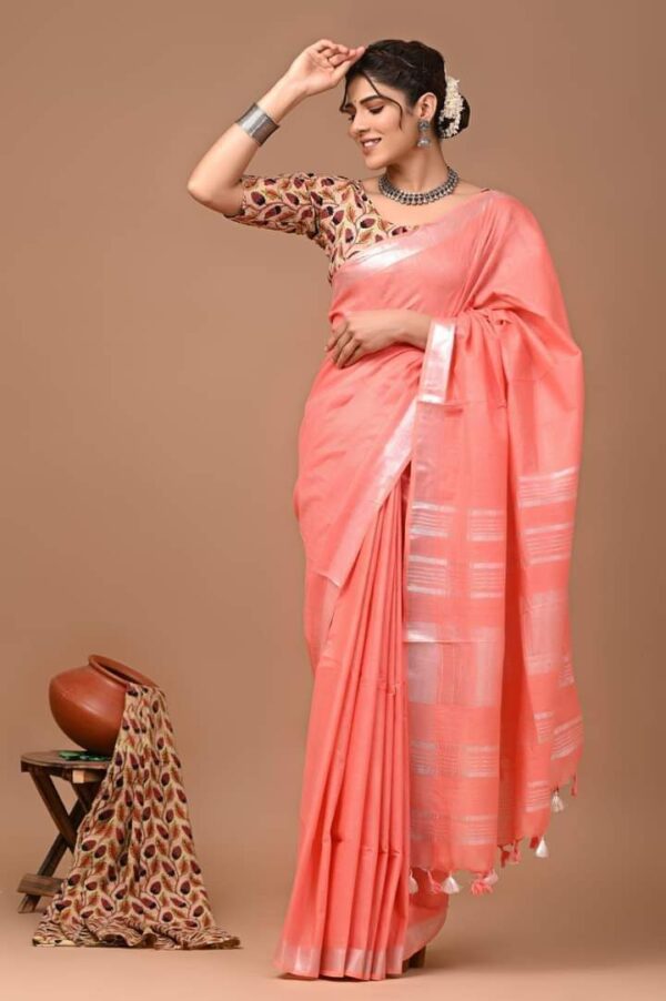 Handloom Cotton Linen Saree - Peach