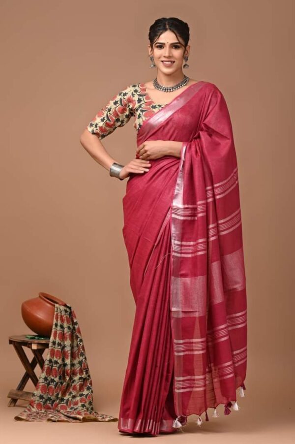 Handloom Cotton Linen Saree - Pink