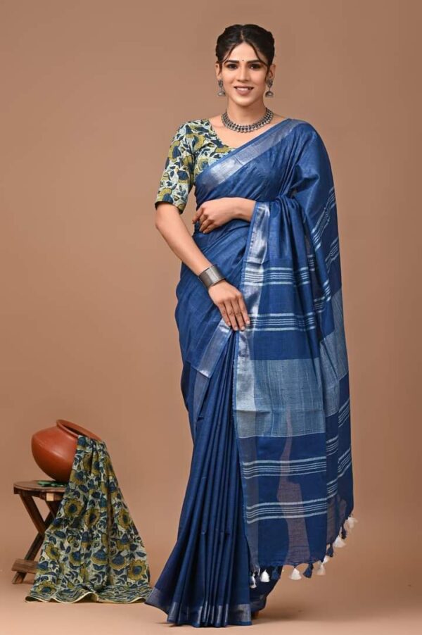 Handloom Cotton Linen Saree - Blue