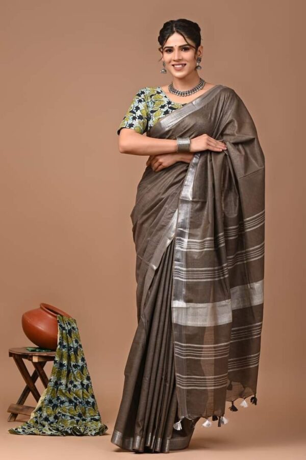 Handloom Cotton Linen Saree - Brown