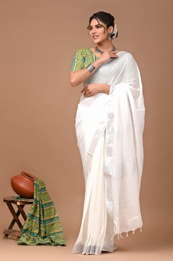 Handloom Cotton Linen Saree - White