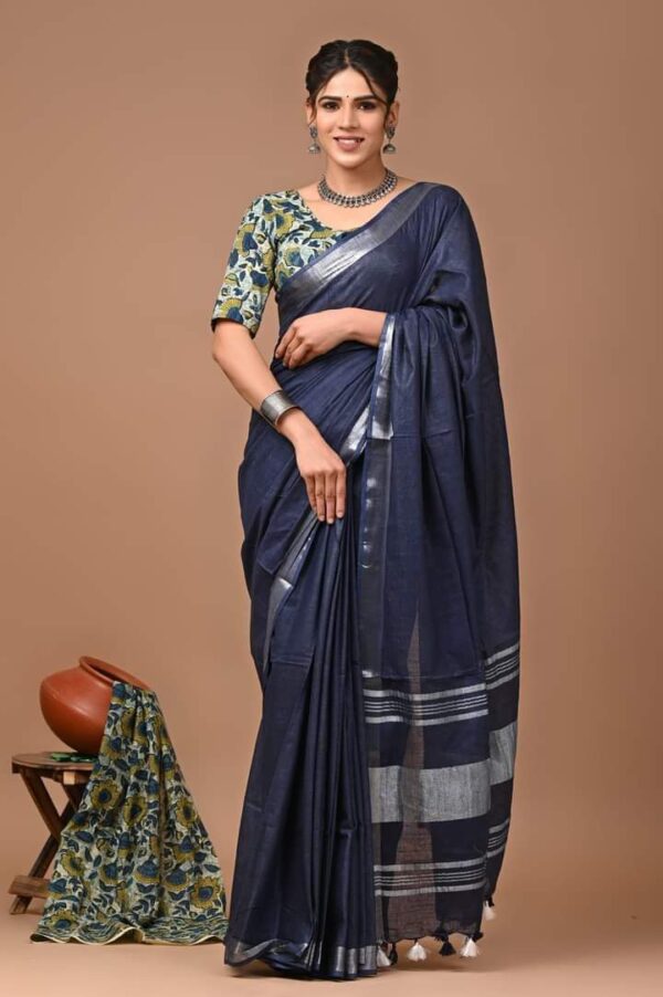 Handloom Cotton Linen Saree - Blue