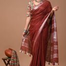 Handloom Cotton Linen Saree - Maroon