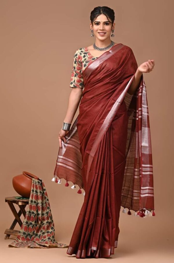 Handloom Cotton Linen Saree - Maroon