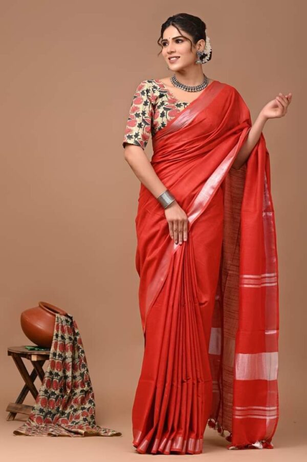 Handloom Cotton Linen Saree - Red