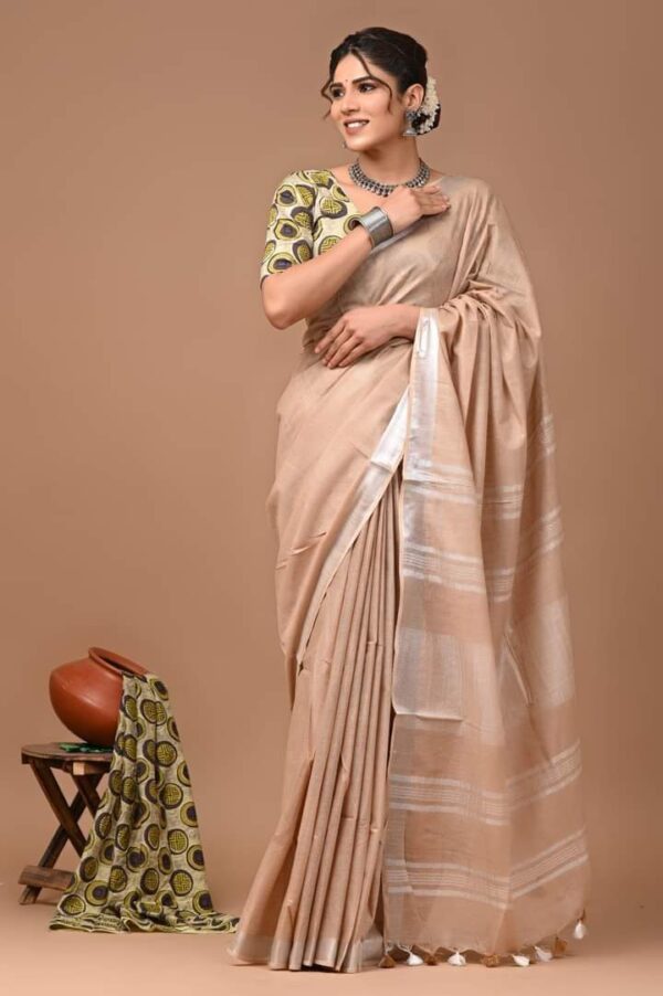 Handloom Cotton Linen Saree - Beige