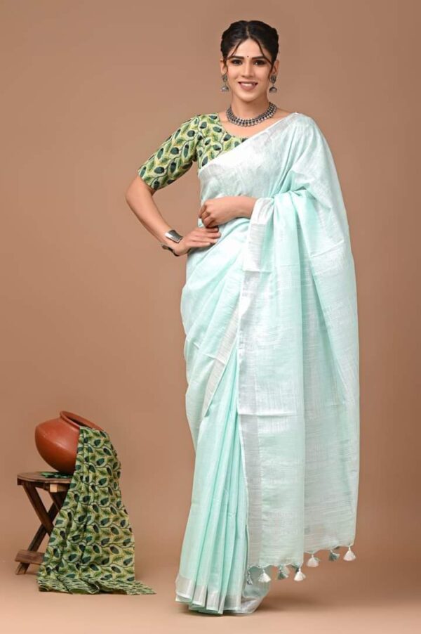 Handloom Cotton Linen Saree - Green