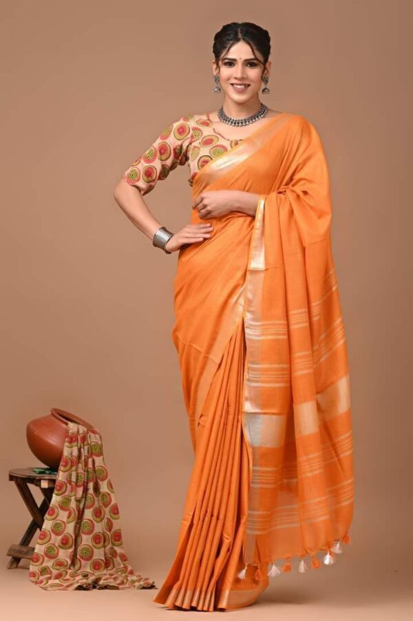 Handloom Cotton Linen Saree - Orange