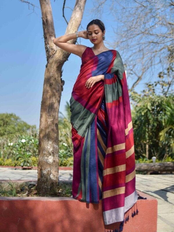 Solid Print Khadi Linen Saree