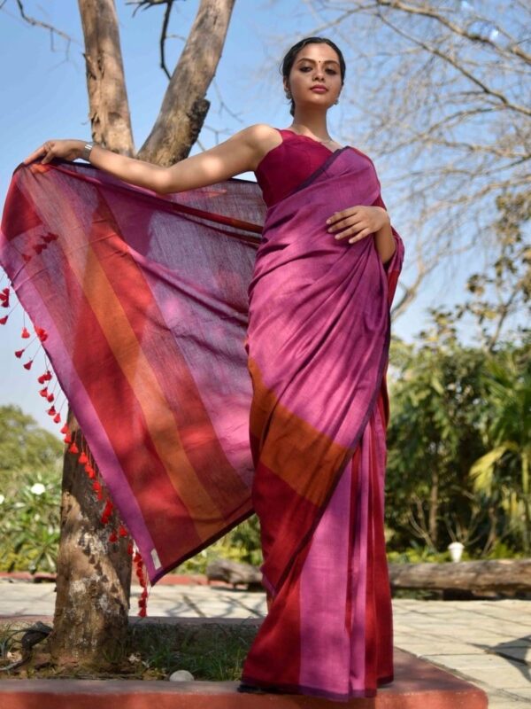 Solid Print Khadi Linen Saree