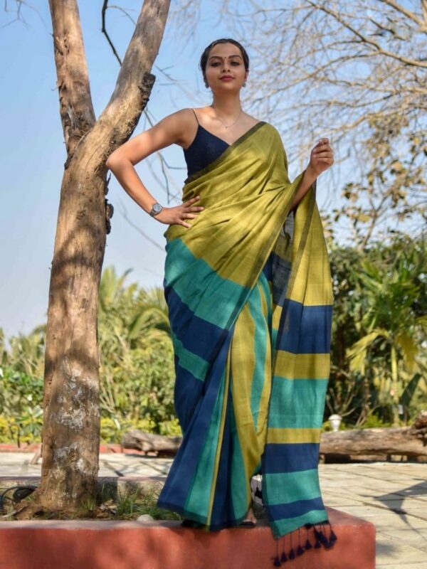 Solid Print Khadi Linen Saree