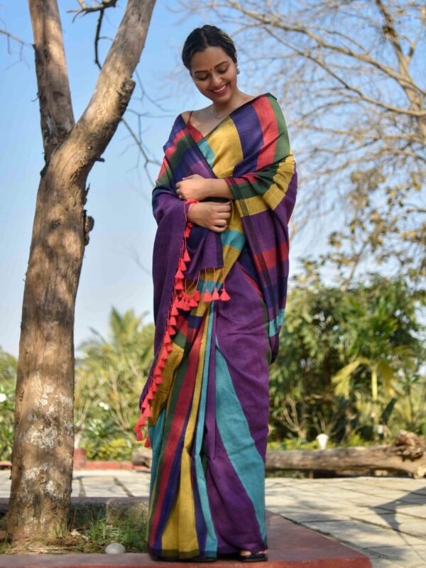 Solid Print Khadi Linen Saree