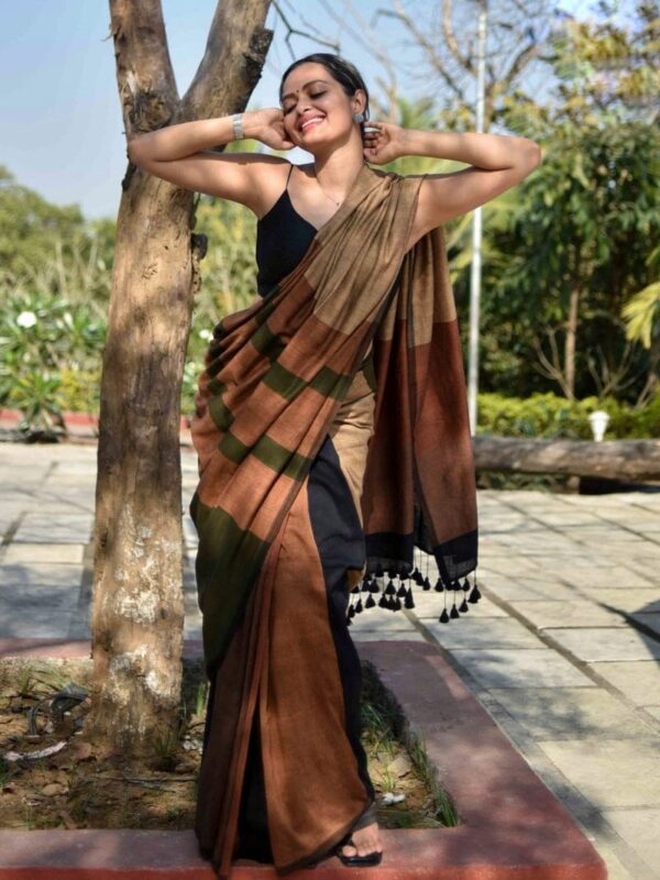 Solid Print Khadi Linen Saree