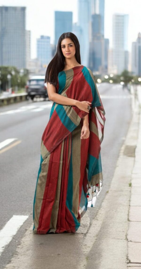 Solid Print Khadi Linen Saree