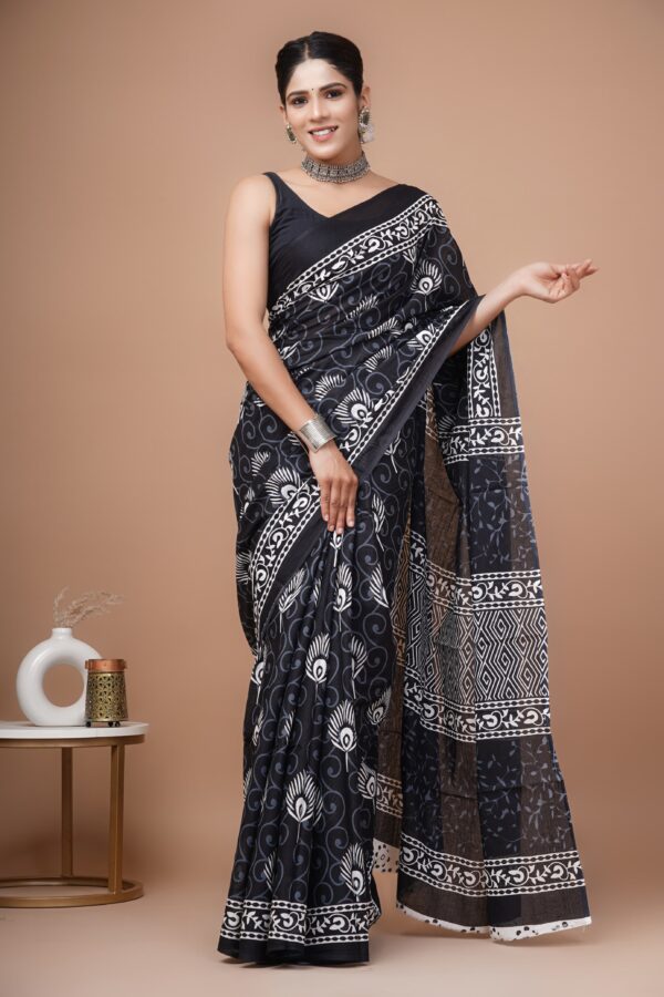 Pure Cotton Mulmul Saree - Black
