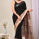 Ajrakh Linen Saree - Black