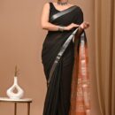 Ajrakh Linen Saree - Black