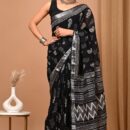 Ajrakh Linen Saree - Black