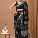 Ajrakh Linen Saree - Black