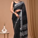 Ajrakh Linen Saree - Black