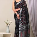 Ajrakh Linen Saree - Black
