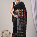 Ajrakh Linen Saree - Black