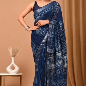Ajrakh Linen Saree - Blue
