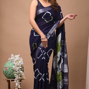 Ajrakh Linen Saree - Blue
