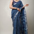 Ajrakh Linen Saree - Blue