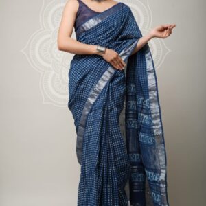 Ajrakh Linen Saree - Blue
