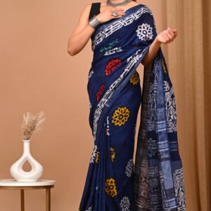 Ajrakh Linen Saree - Blue