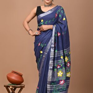 Ajrakh Linen Saree - Blue