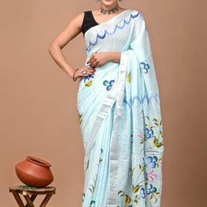 Ajrakh Linen Saree - Blue