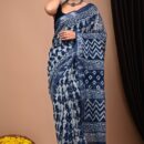 Ajrakh Linen Saree - Blue