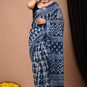 Ajrakh Linen Saree - Blue