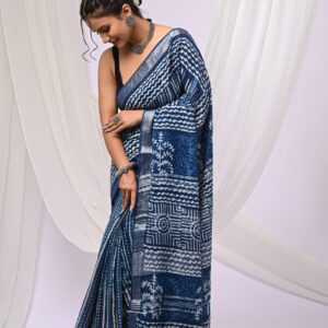 Ajrakh Linen Saree - Blue