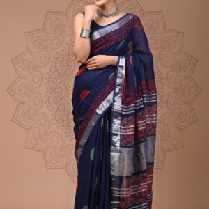 Ajrakh Linen Saree - Blue