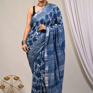Ajrakh Linen Saree - Blue