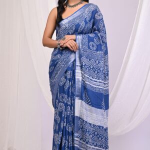 Ajrakh Linen Saree - Blue