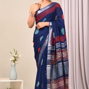 Ajrakh Linen Saree - Blue
