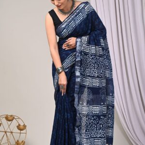 Ajrakh Linen Saree - Blue
