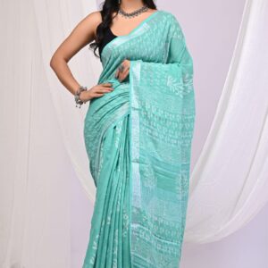 Ajrakh Linen Saree - Blue