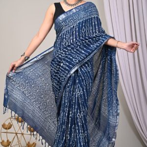 Ajrakh Linen Saree - Blue
