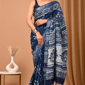 Ajrakh Linen Saree - Blue