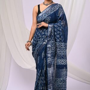Ajrakh Linen Saree - Blue